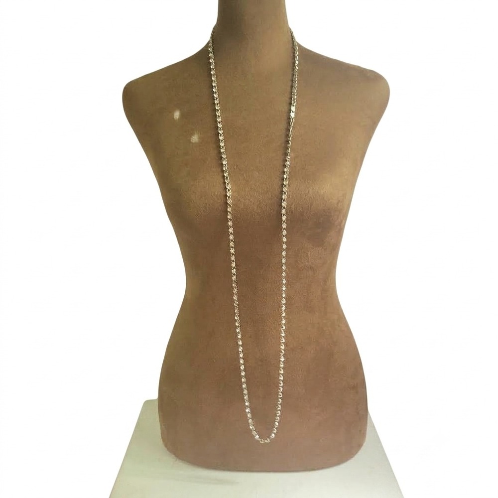 Vintage Silver Tone Clear Rhinestone 48 Inch Long Strand Necklace Glam